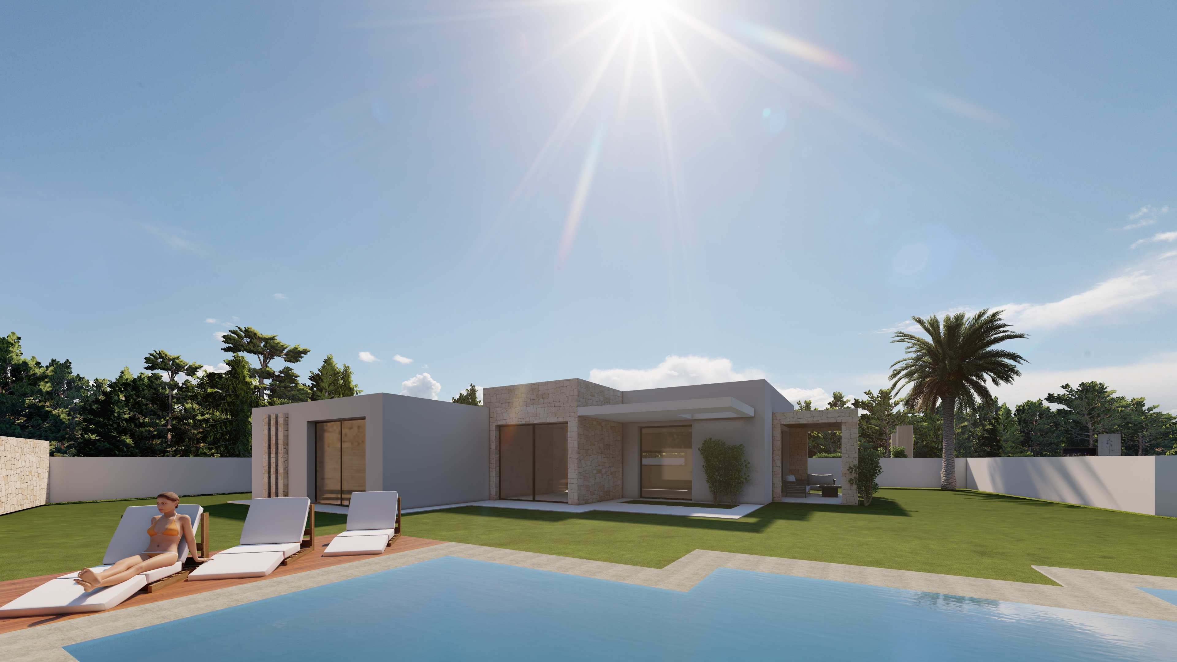 Exterior de villa moderna con piscina, solárium de madera y fachada de piedra natural. Amplio jardín con césped y ventanales de suelo a techo.