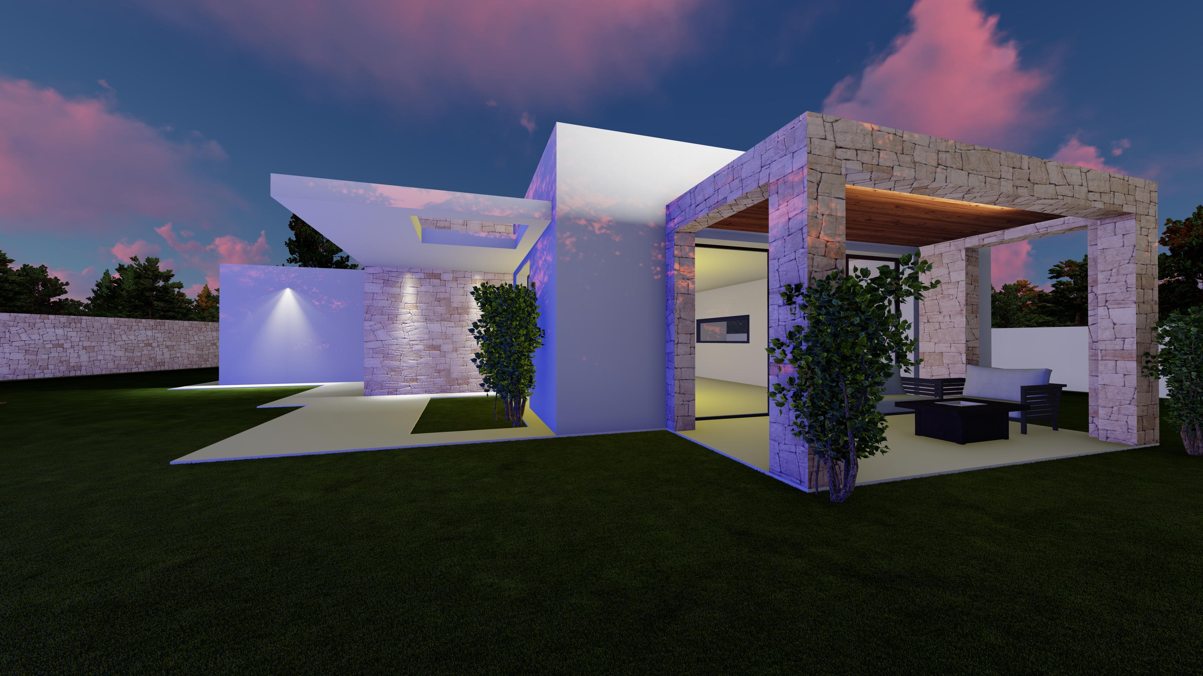 Fachada exterior al atardecer con muros de piedra natural, porche cubierto con techo de madera y zona de estar, integrada en un jardín con césped cuidado.