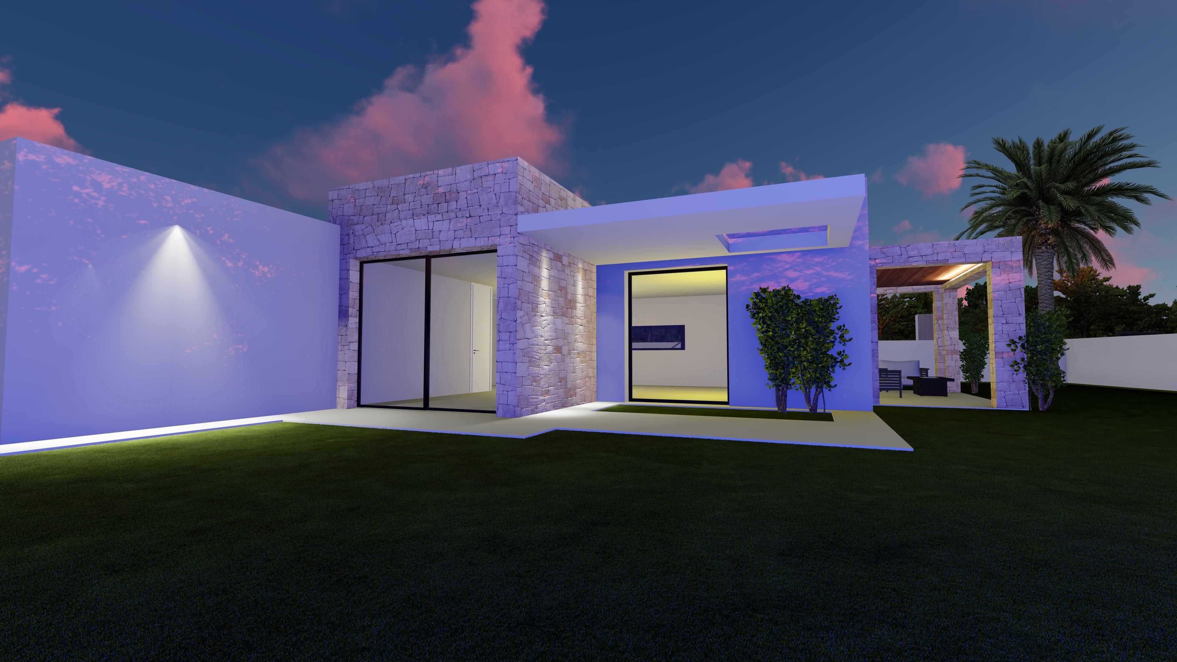 Fachada moderna con muros de piedra natural, ventanales de suelo a techo e iluminación exterior integrada frente a un jardín con césped al atardecer.
