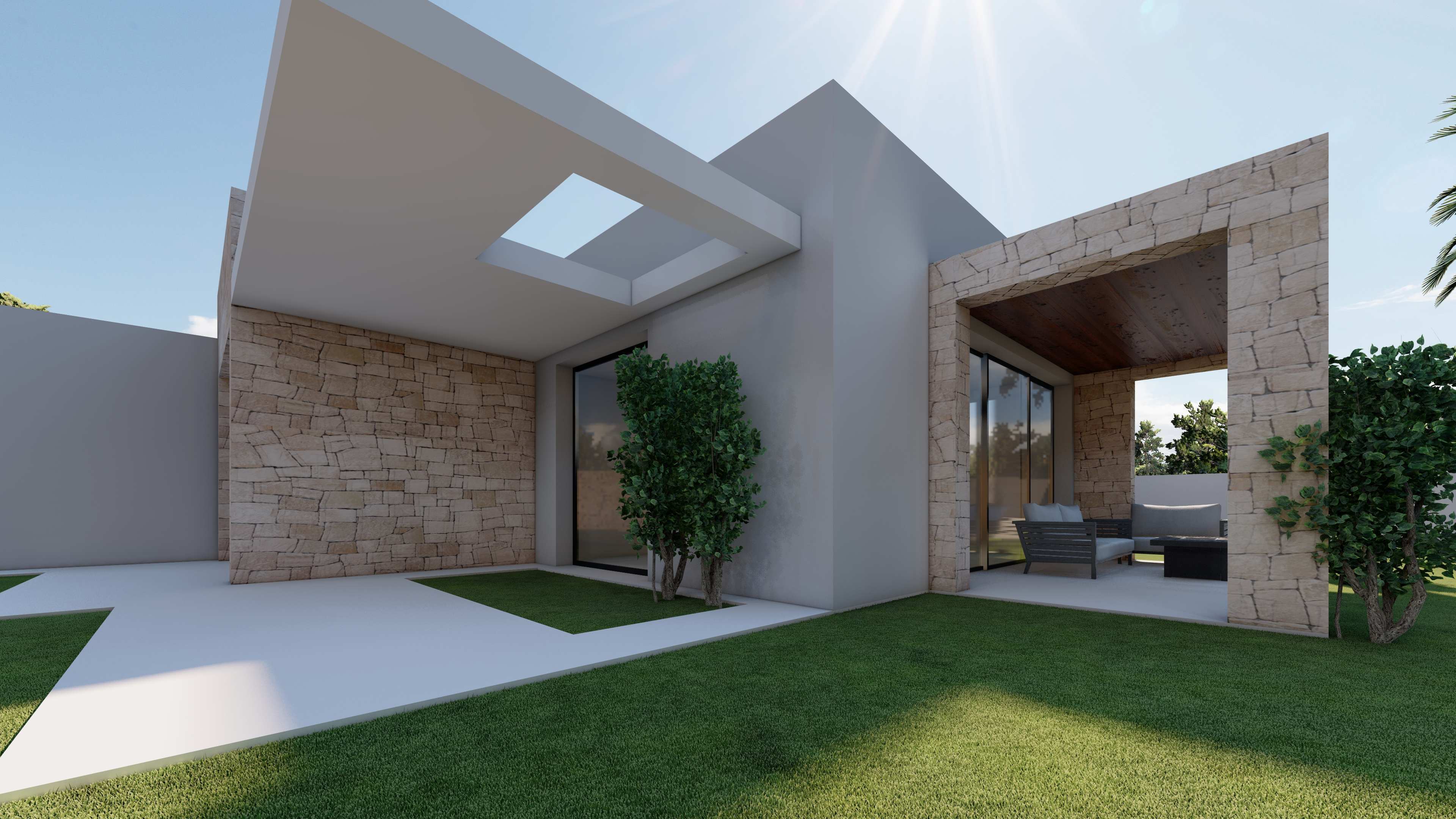 Fachada moderna con muros de piedra natural y acabados lisos, destacando un porche cubierto con techo de madera y zona de estar exterior junto al jardín.