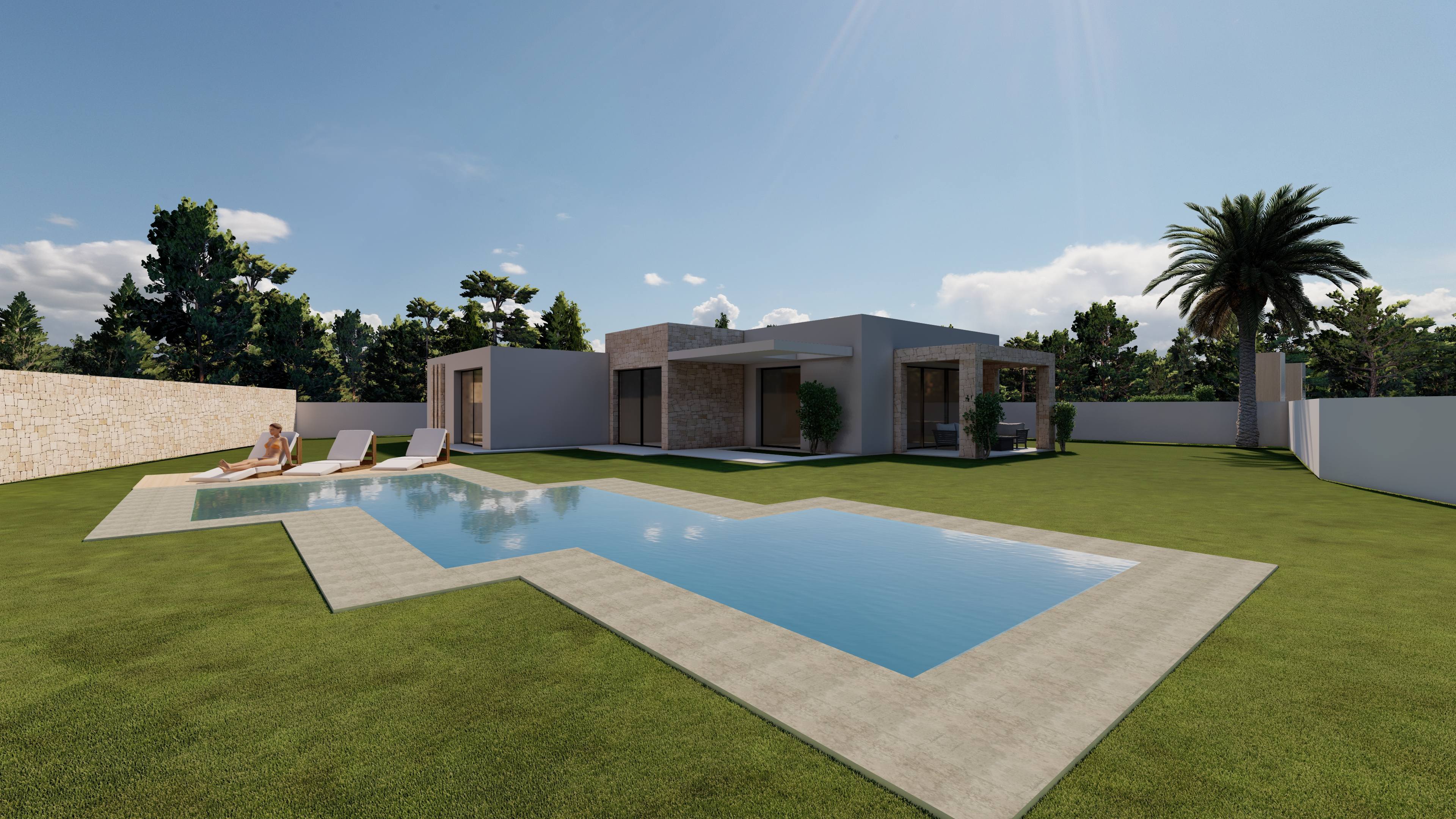 Villa de diseño contemporáneo con piscina de formas angulares, extenso jardín de césped y porche revestido en piedra natural junto a grandes ventanales.