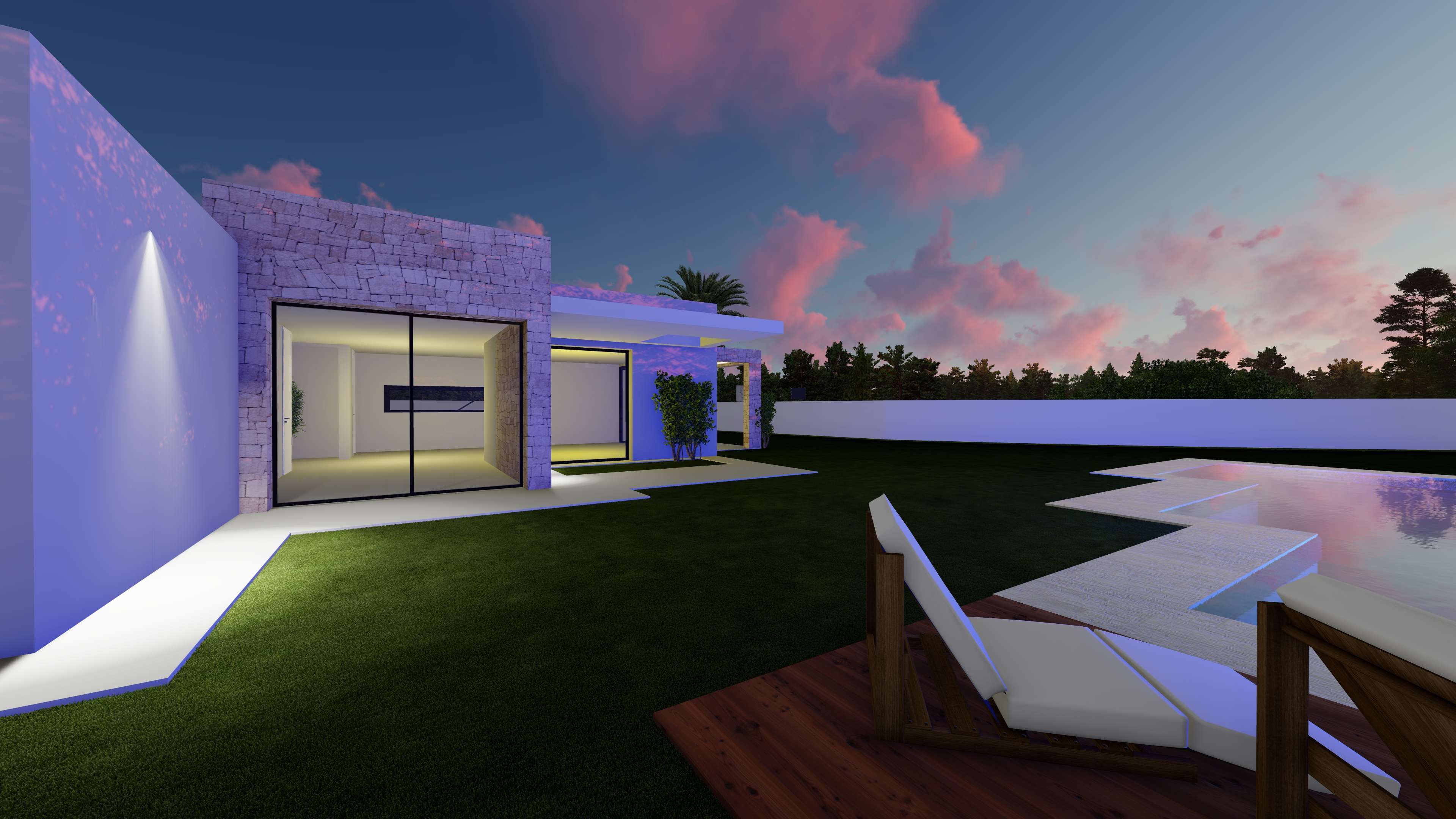 Vista exterior al atardecer de la villa con fachada de piedra natural, amplios ventanales, jardín con césped y piscina geométrica junto a una plataforma de madera.