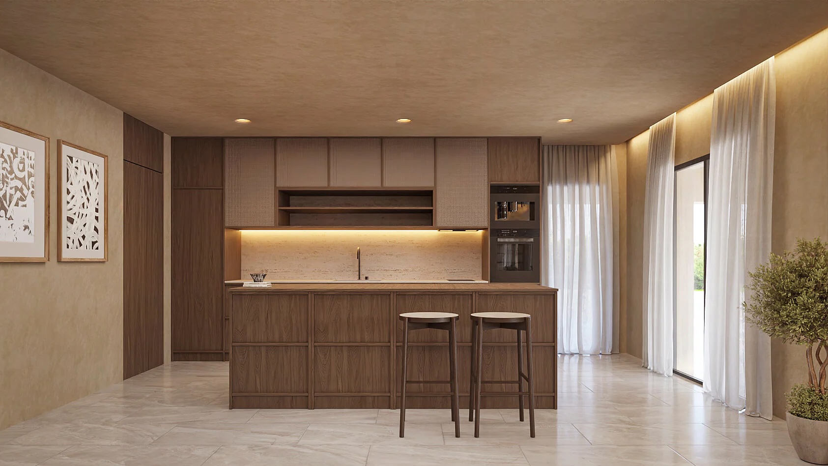 Cocina de diseño con isla central de madera oscura, electrodomésticos integrados y encimera de piedra. Incluye iluminación LED indirecta y suelos de gres porcelánico.