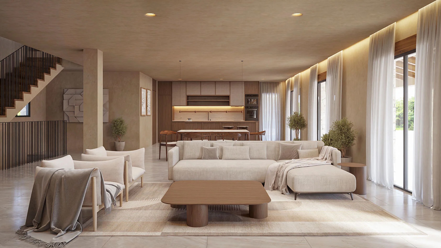 Salón-comedor de planta abierta con tonos neutros, suelos cerámicos y cocina integrada de madera. Grandes ventanales con cortinas blancas aportan luz natural al espacio.