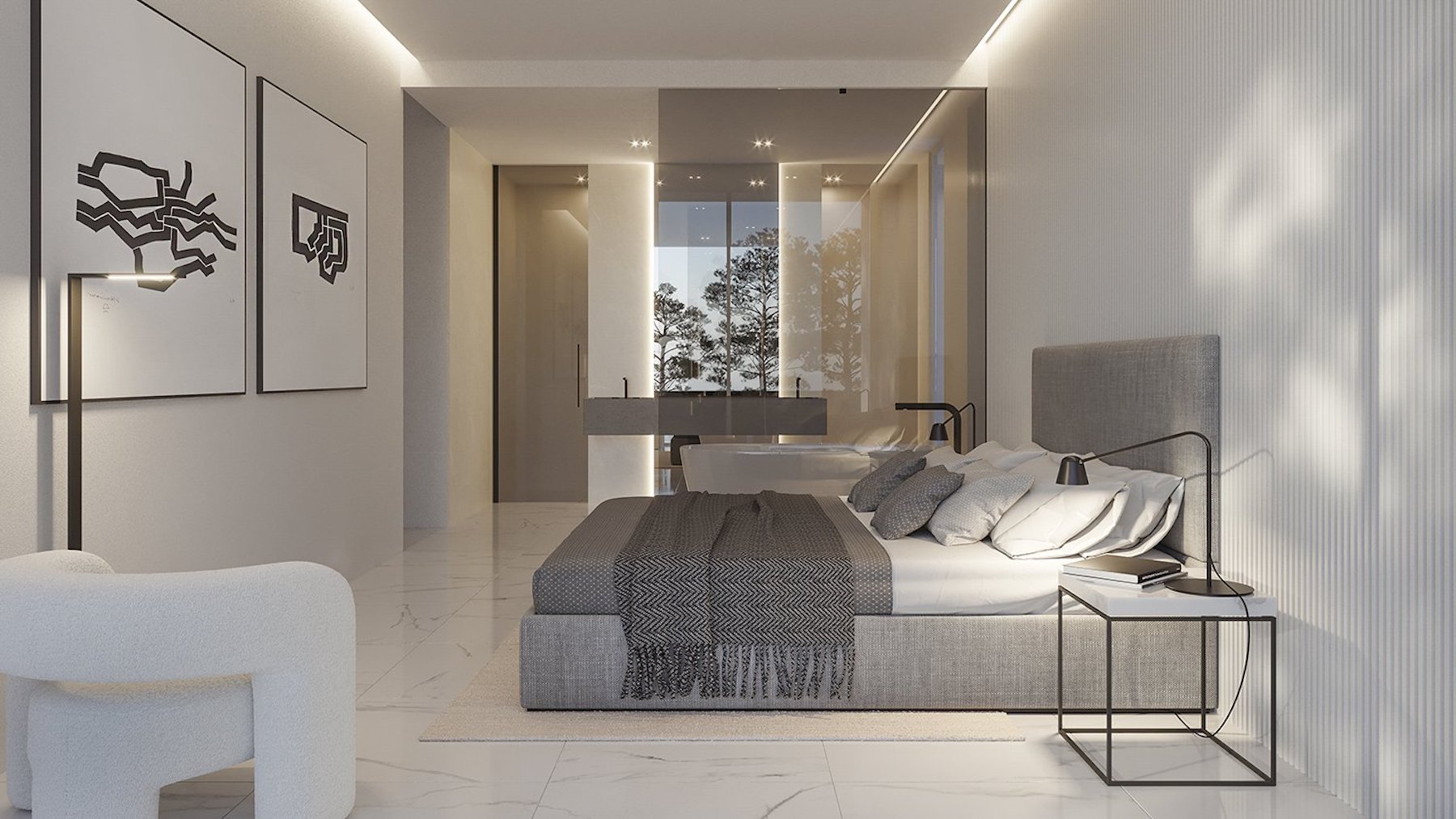 Dormitorio principal con baño integrado, suelos de mármol blanco y paredes texturizadas. Incluye bañera exenta y amplios ventanales con vistas al entorno arbolado.