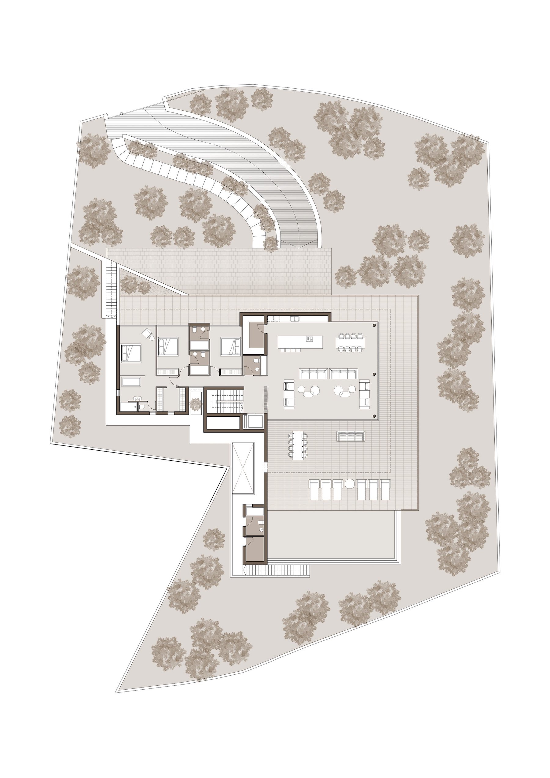 Plano arquitectónico de la planta superior que muestra un área social diáfana de 90m², dormitorios con baño en suite y una extensa terraza perimetral con zona de piscina.