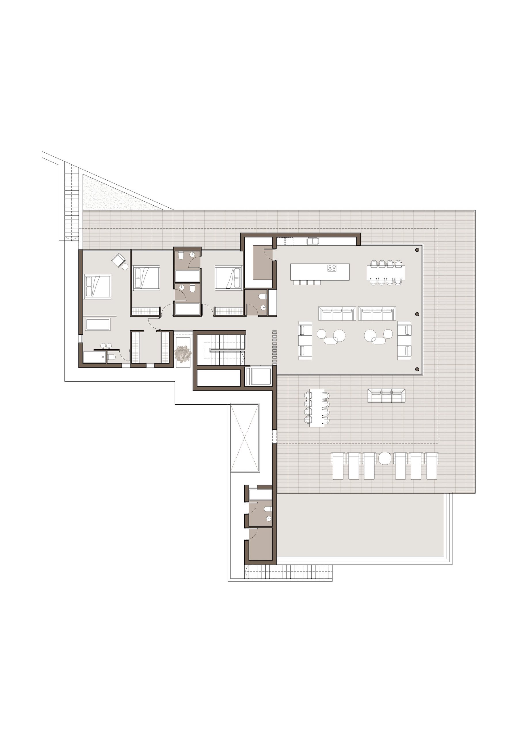 Plano de la planta superior que muestra un salón-comedor diáfano con cocina integrada, tres dormitorios con baño en suite y una extensa terraza perimetral con zonas de estar.