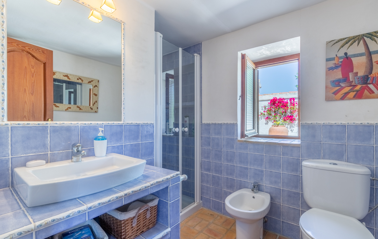 Baño de estilo tradicional con azulejos azules, suelo de barro cocido y ventana de madera hacia el patio. Dispone de lavabo integrado, bidé y ducha con mampara de cristal.