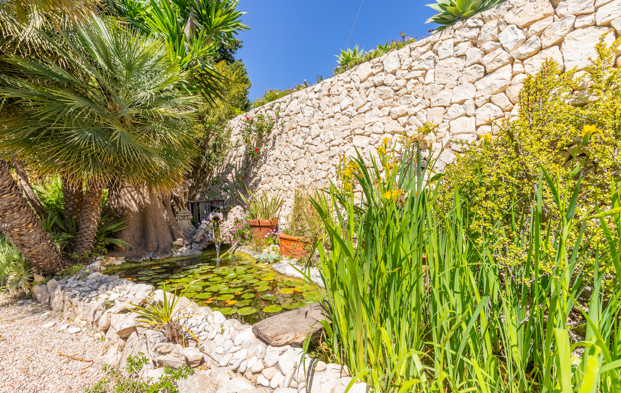 Estanque ornamental con nenúfares y pequeña cascada, rodeado de vegetación mediterránea y un muro de piedra seca tradicional.