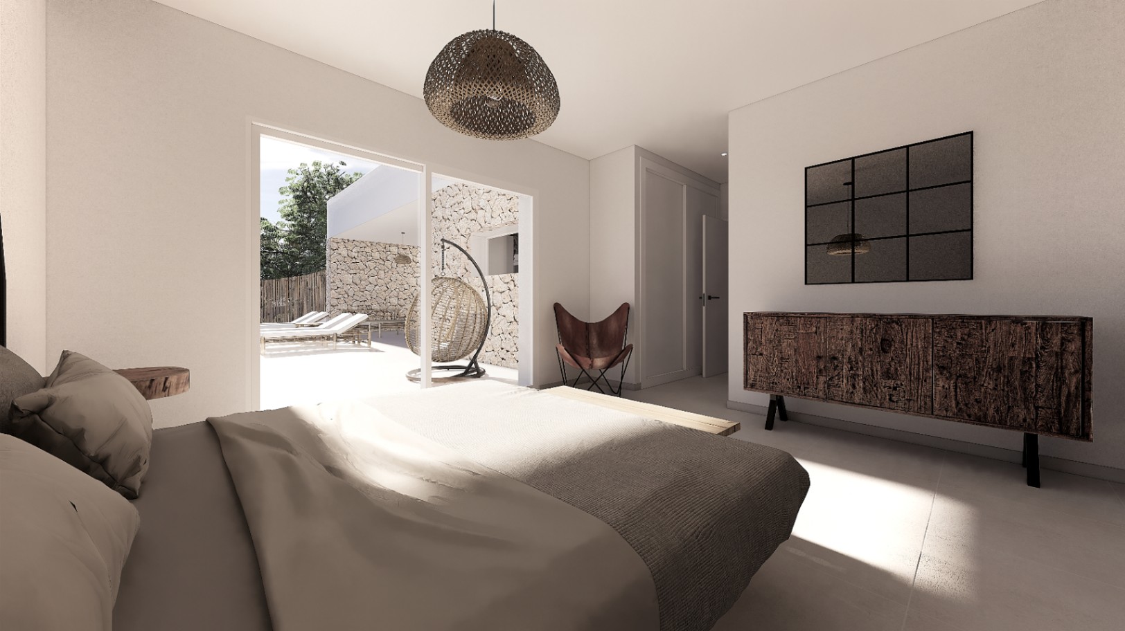 Dormitorio con acceso directo a la terraza, mobiliario de madera rústica, silla mariposa y vistas a la piscina con muros de piedra natural.