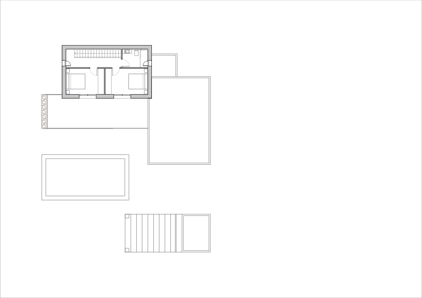 Plano técnico detallado de la planta superior que muestra la distribución de dos dormitorios, un baño completo y el acceso mediante escalera.