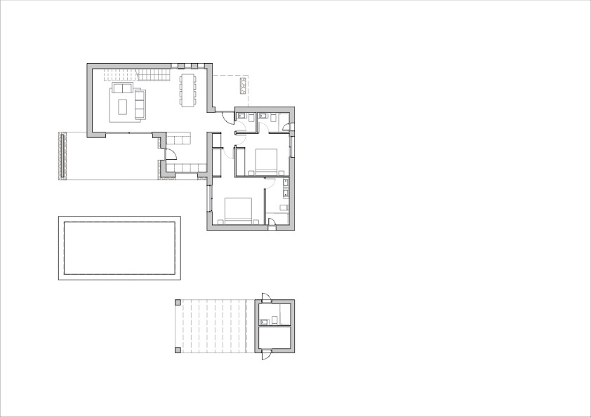 Plano técnico detallado que muestra la distribución de la planta principal, incluyendo el salón-comedor, cocina abierta, dormitorios en suite y la zona exterior con piscina.
