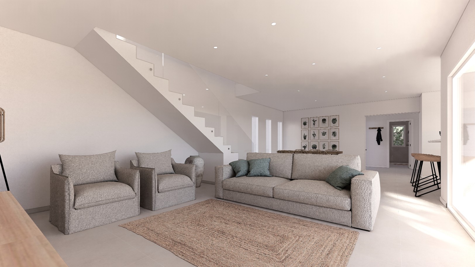 Salón de planta abierta con sofás en tonos neutros, alfombra de fibras naturales y una escalera minimalista blanca con barandilla de cristal y luces empotradas.