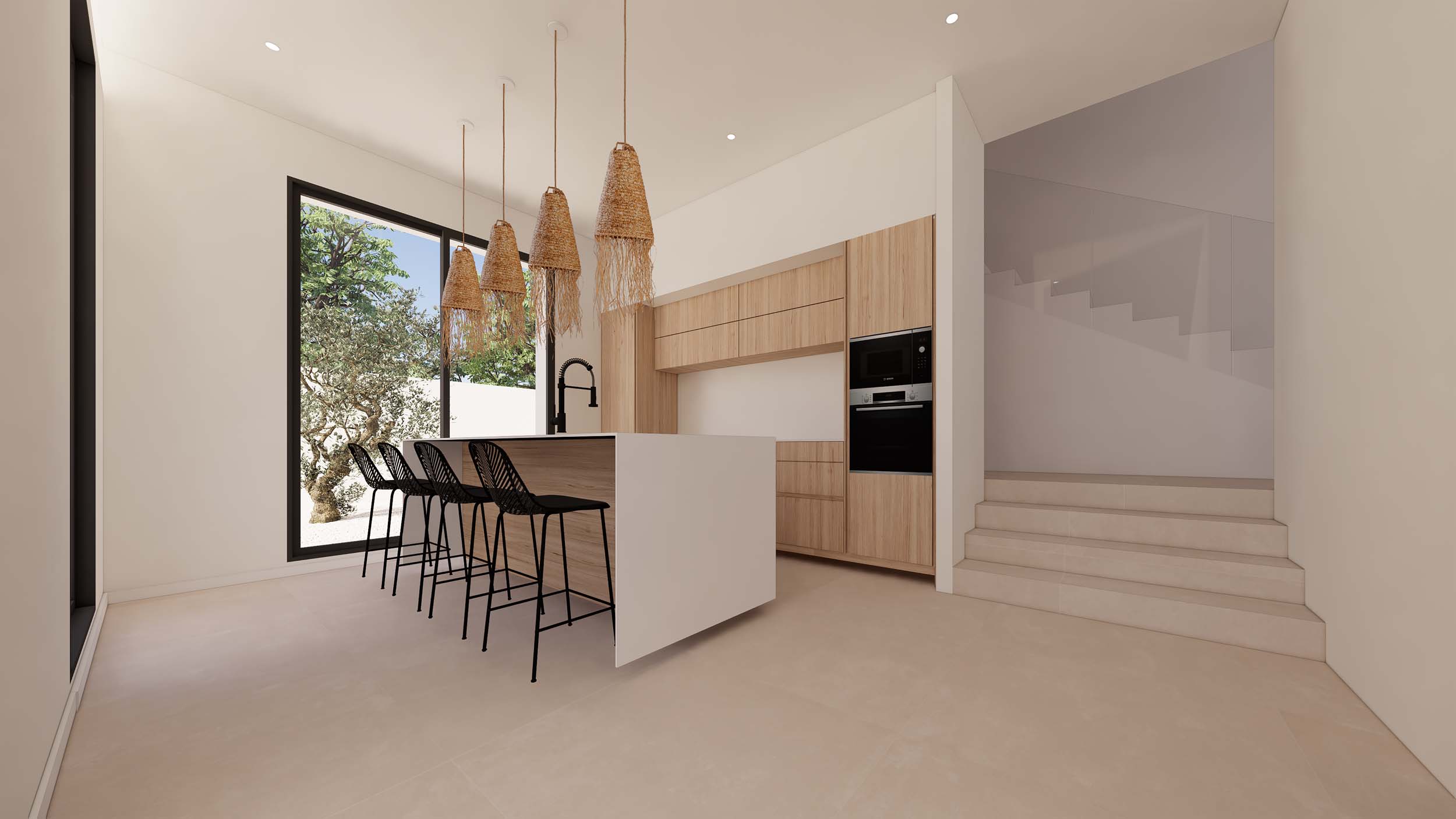 Cocina de diseño con isla blanca, taburetes negros y lámparas de fibras naturales. Presenta mobiliario de madera clara, electrodomésticos integrados y una escalera con barandilla de cristal.