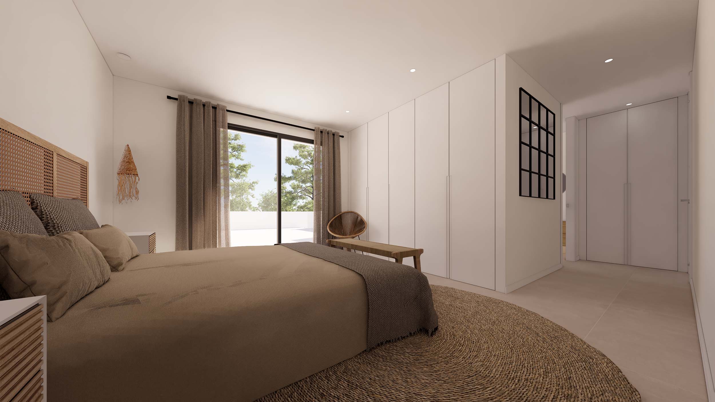 Dormitorio de diseño ibicenco con armarios empotrados, cabecero de ratán y acceso directo a la terraza a través de grandes ventanales.