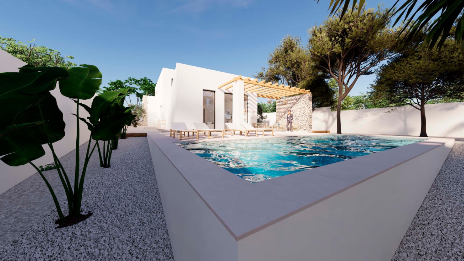 Exterior de estilo ibicenco con piscina elevada, zona de hamacas y pérgola de madera junto a un muro de piedra natural en un entorno de grava blanca y vegetación.