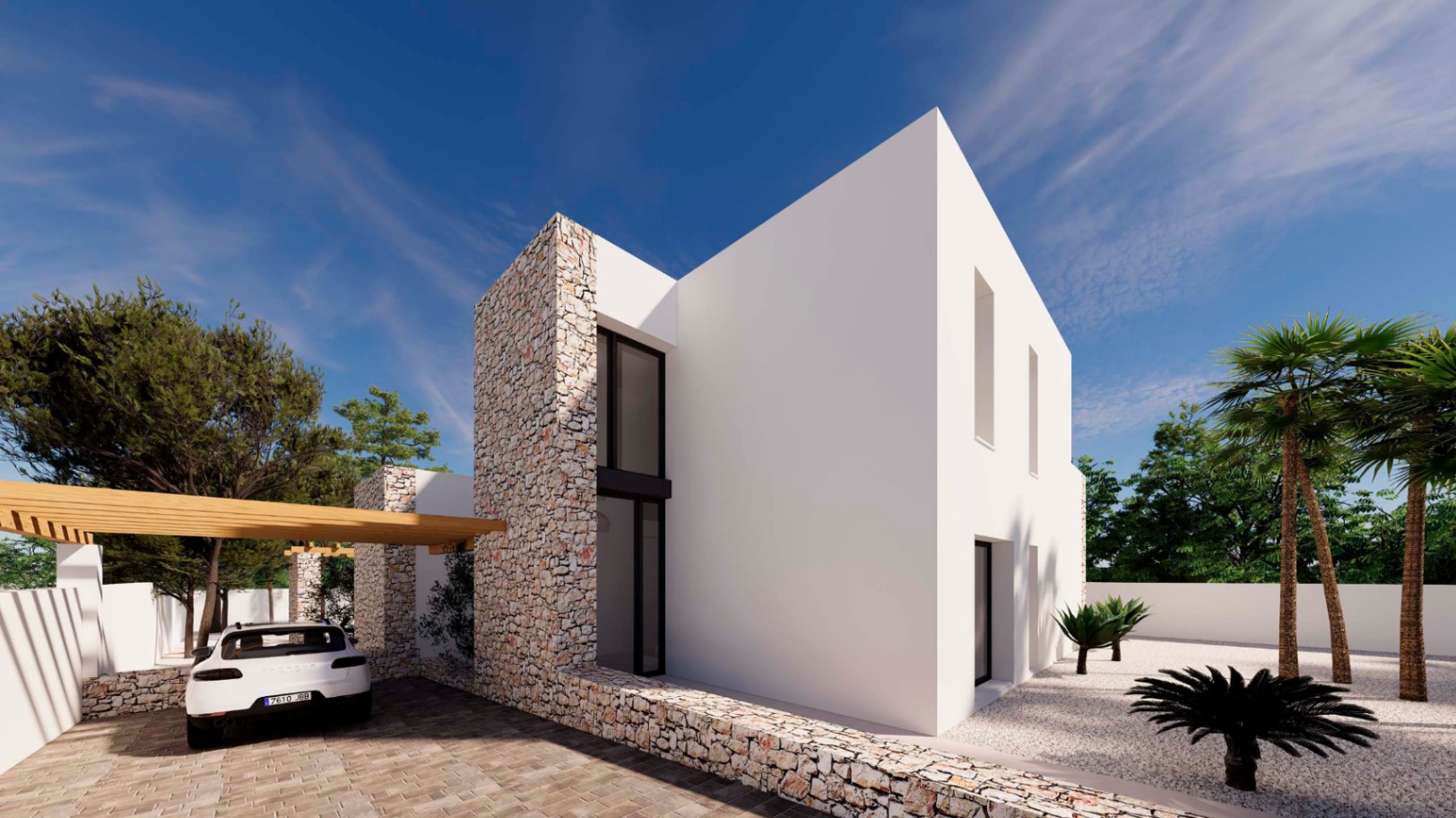Fachada de estilo ibicenco con muros de piedra natural, pérgola de madera para aparcamiento y jardín mediterráneo de grava con palmeras.