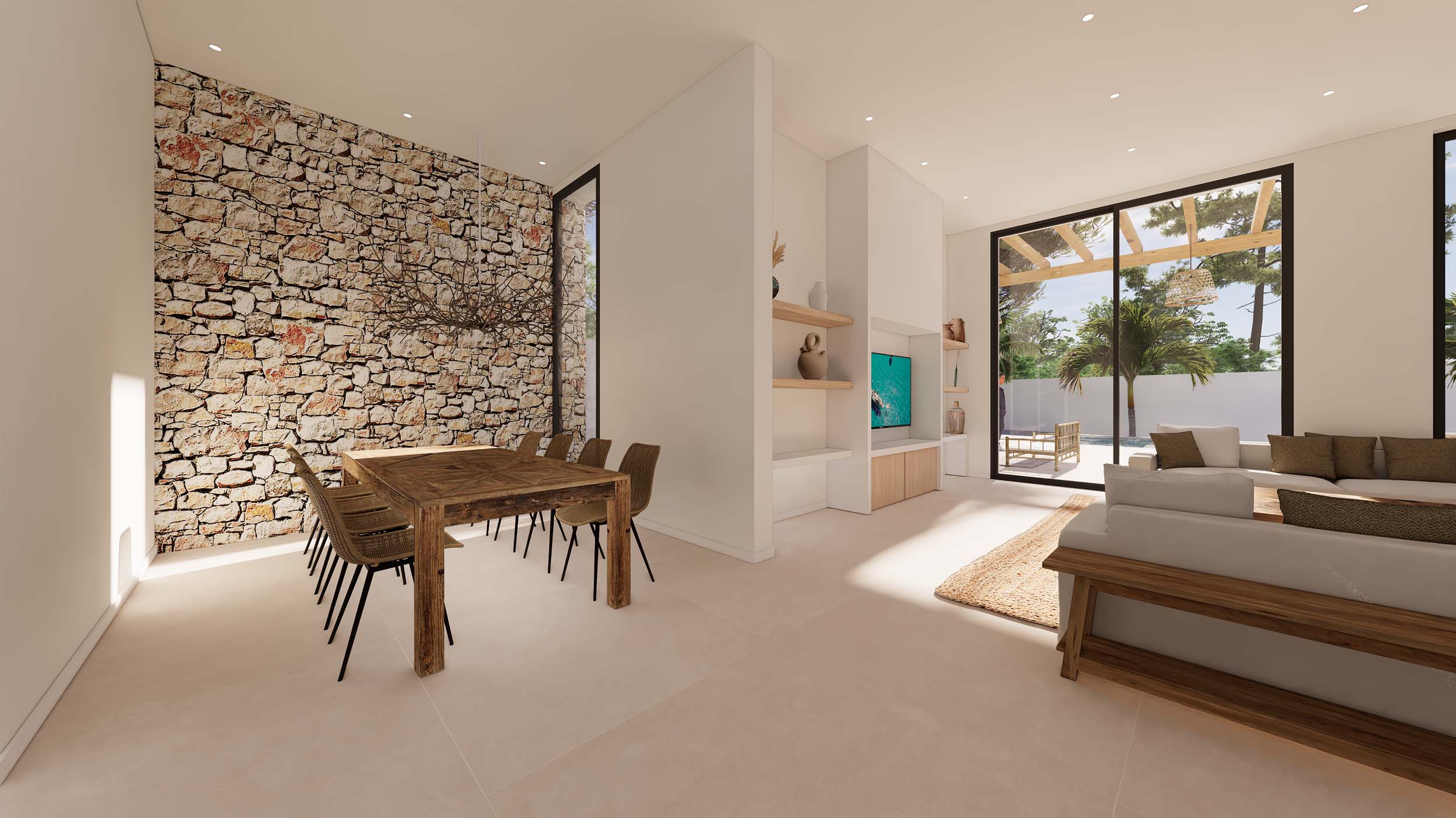 Salón-comedor de concepto abierto con pared de piedra natural, mesa de madera maciza y acceso directo a la terraza exterior mediante grandes ventanales.