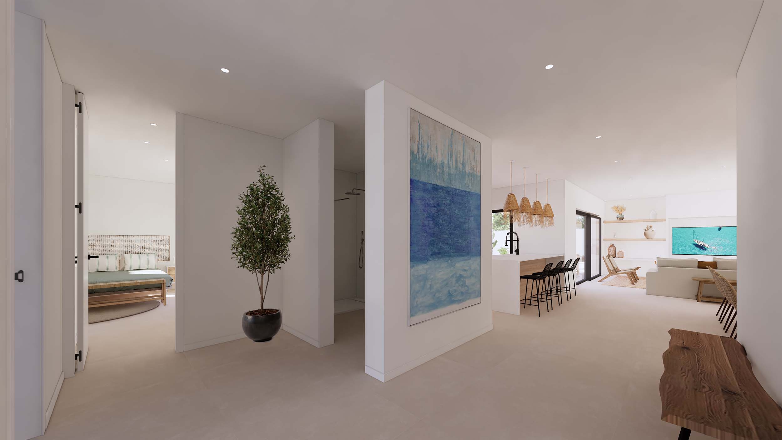 Distribuidor interior con una gran pintura abstracta, conectando la zona de estar de planta abierta, la cocina con isla y un dormitorio con acabados en madera.