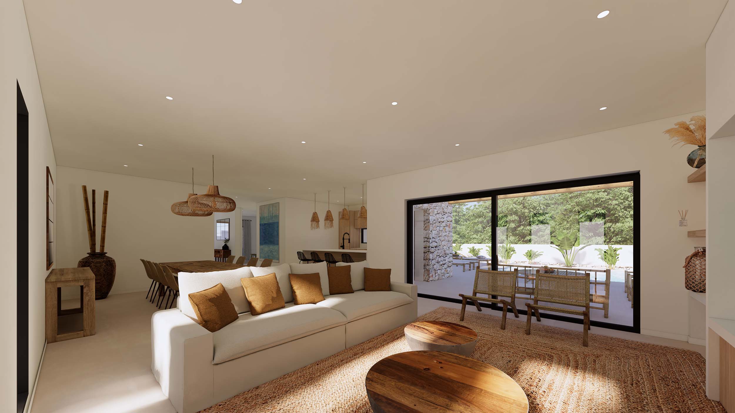 Salón-comedor diáfano con grandes ventanales hacia la terraza y piscina. Destacan los materiales naturales, la iluminación empotrada y la cocina integrada al fondo.