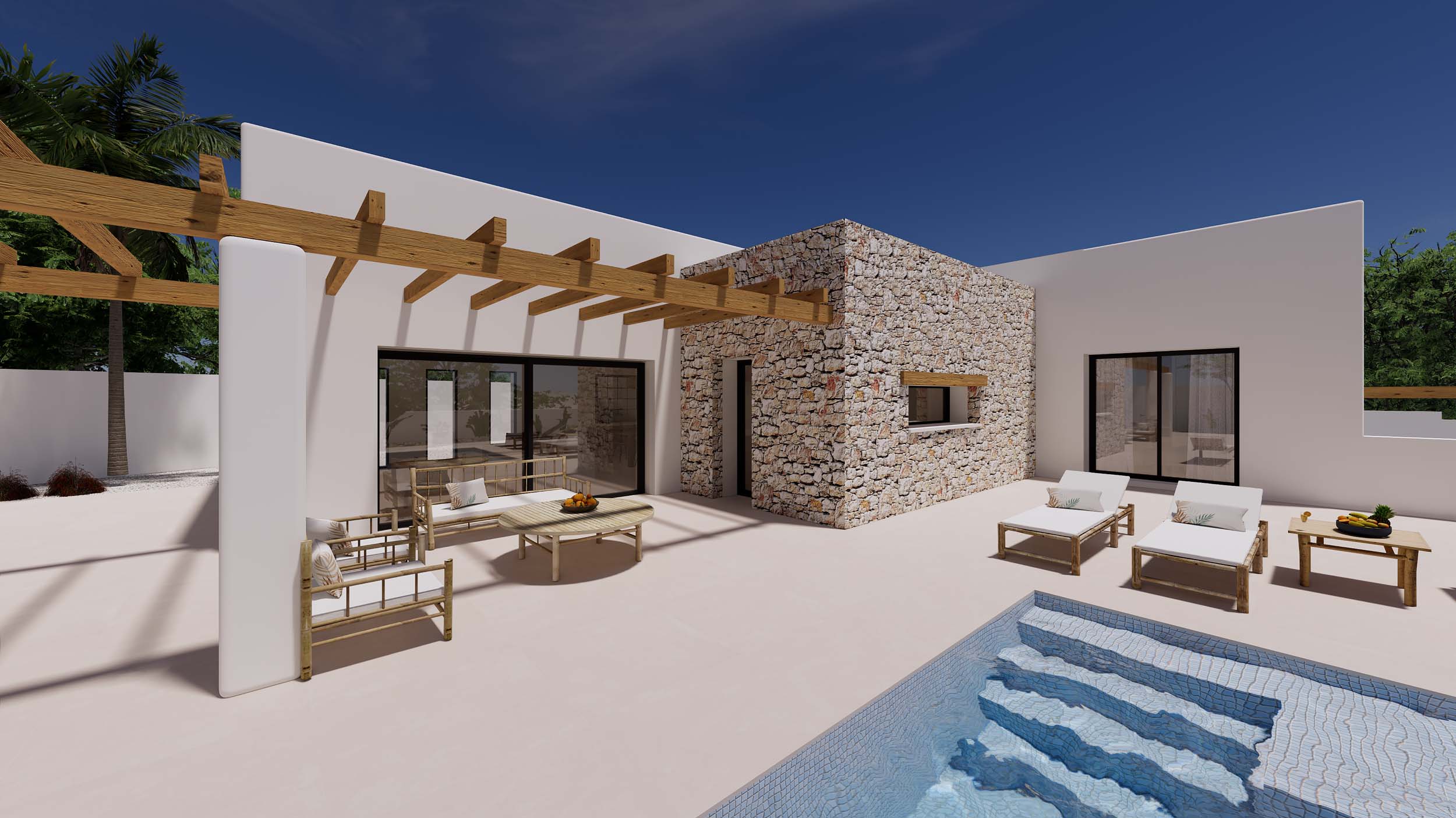 Terraza exterior con pérgola de madera, zona de estar y piscina. Fachada blanca combinada con muros de piedra natural y mobiliario de madera clara.