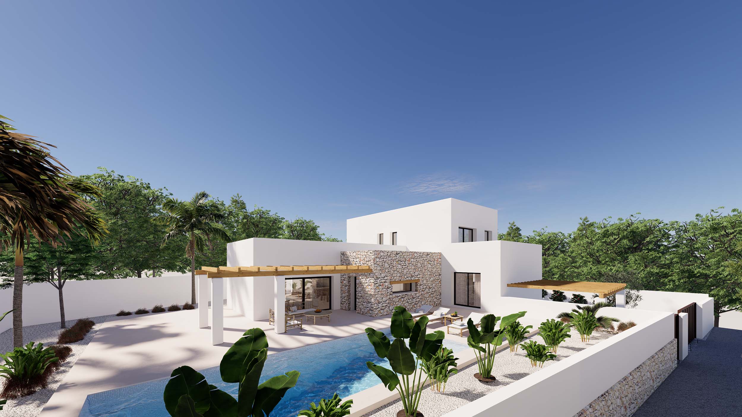 Exterior de la villa con fachada blanca y piedra natural, piscina rectangular, pérgolas de madera y jardín mediterráneo con plantas tropicales y grava blanca.