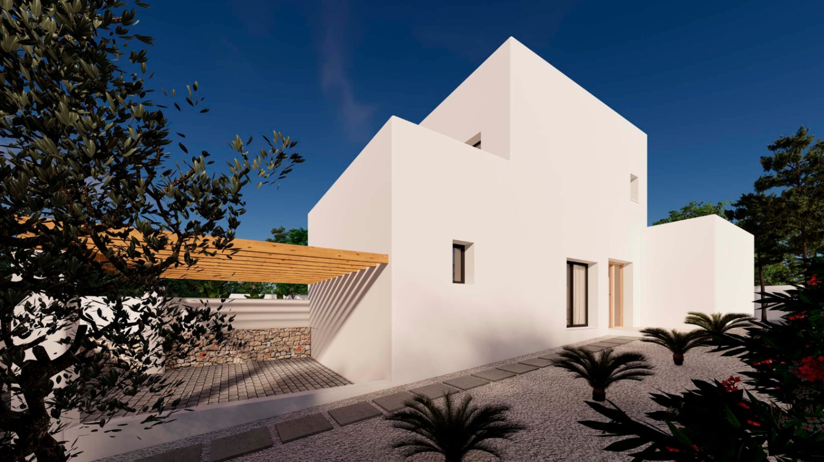 Fachada minimalista de líneas rectas con pérgola de madera, zona de aparcamiento pavimentada y jardín de grava con plantas mediterráneas.