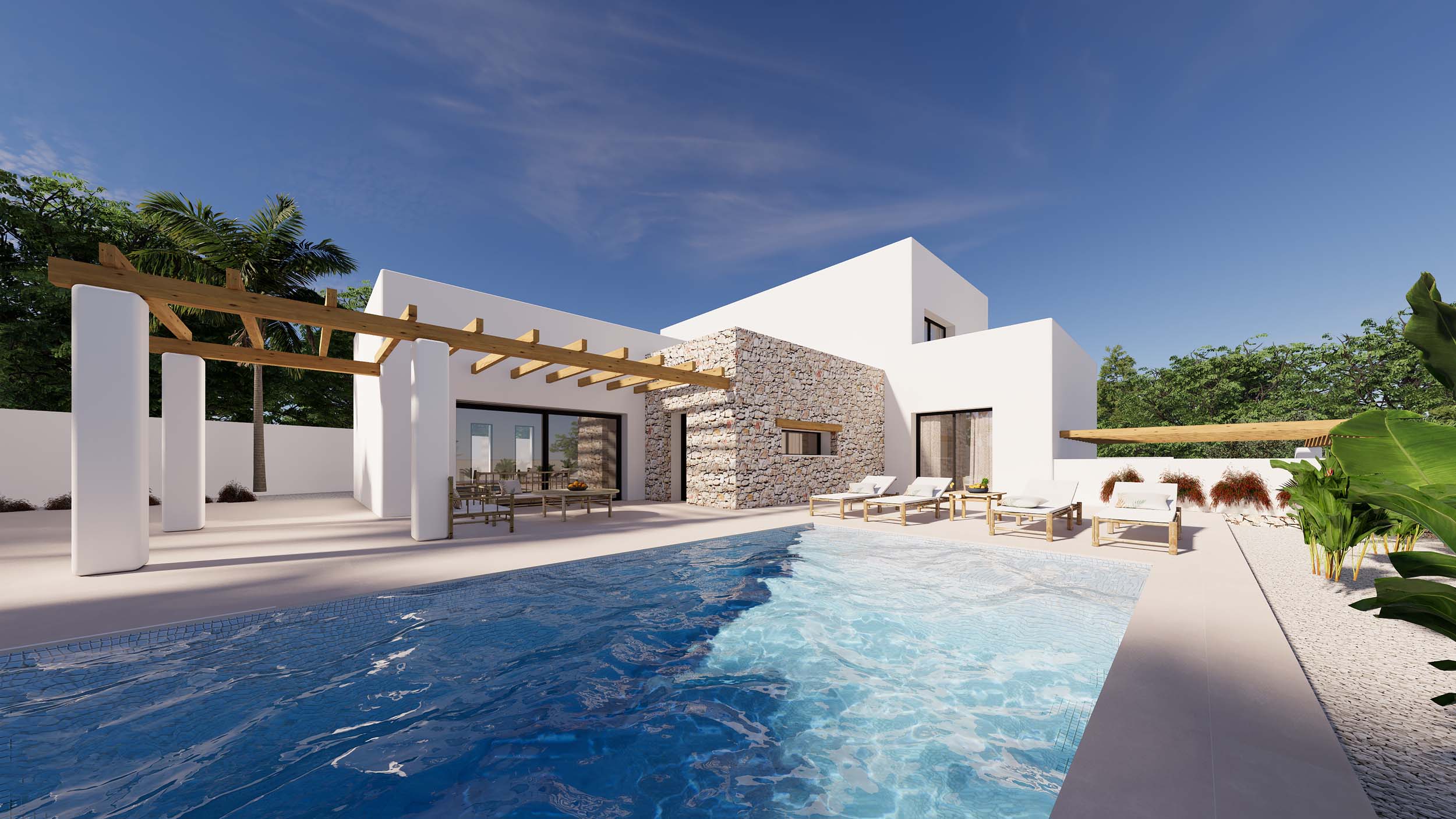 Vista exterior de la villa con piscina privada, zona de solárium y pérgola de madera, destacando la fachada blanca con detalles en piedra natural.