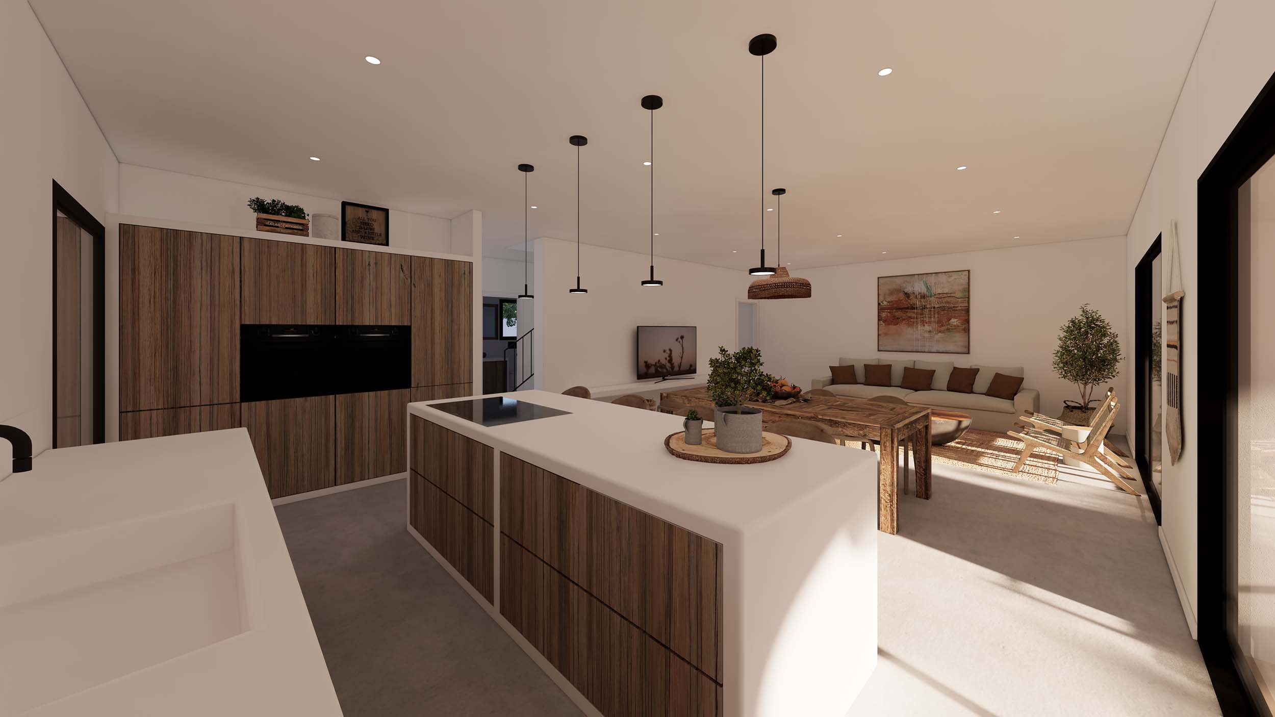 Cocina de concepto abierto con isla minimalista, encimera blanca y frentes de madera, integrada en un salón luminoso con mobiliario rústico y luz natural.