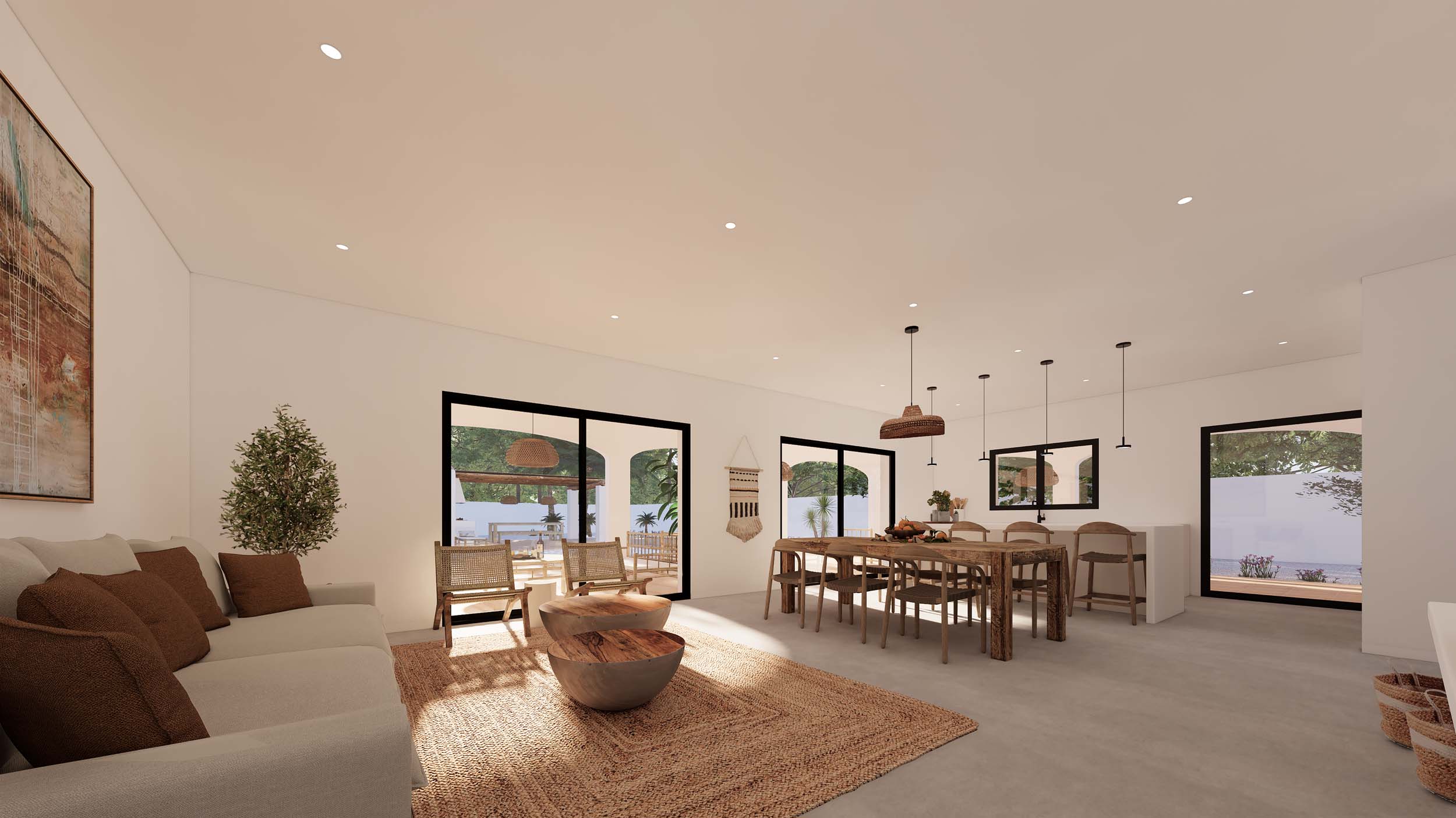 Salón-comedor diáfano con suelos de microcemento, mesa de madera rústica y acceso directo a la terraza mediante amplios ventanales de carpintería negra.