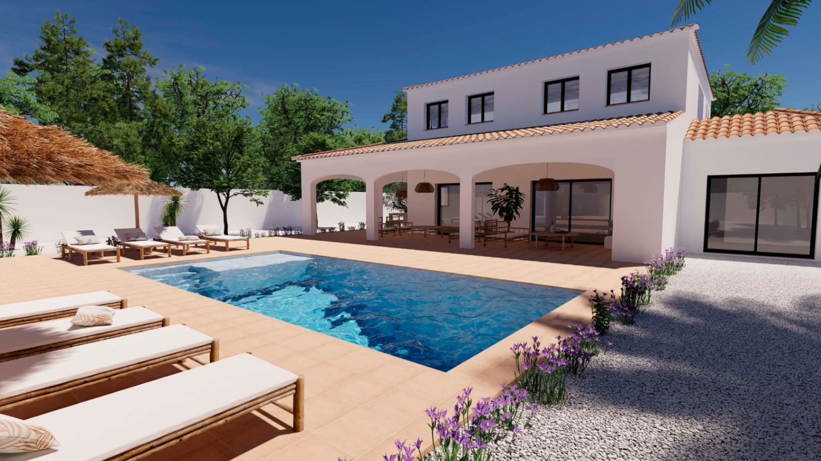 Vista exterior de la piscina rectangular rodeada de una terraza de gres, tumbonas de madera y un porche cubierto con arcos de estilo mediterráneo tradicional.