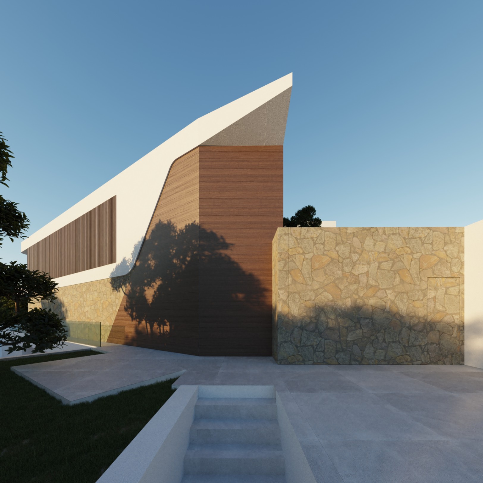 Fachada contemporánea que combina muros de piedra natural, paneles de madera y voladizos blancos angulares, destacando por sus líneas geométricas y sombras naturales.