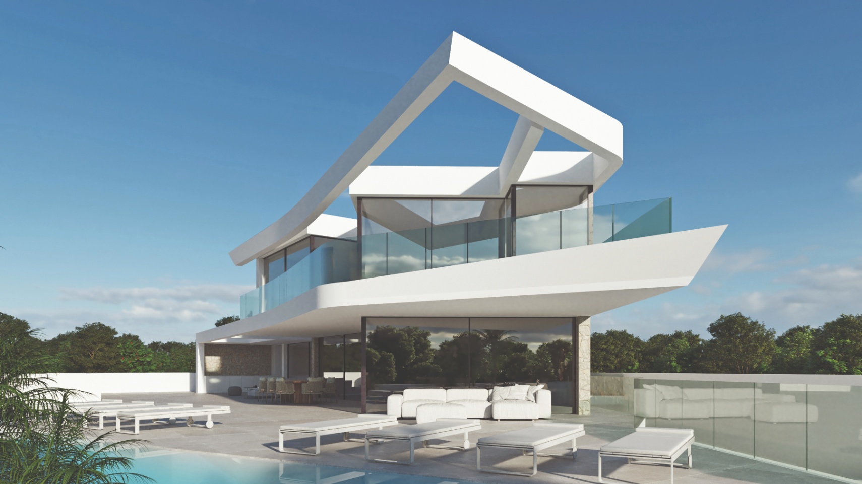 Fachada vanguardista de líneas blancas y geométricas con amplios ventanales, terrazas con barandillas de cristal y zona de piscina con solárium y mobiliario de diseño.