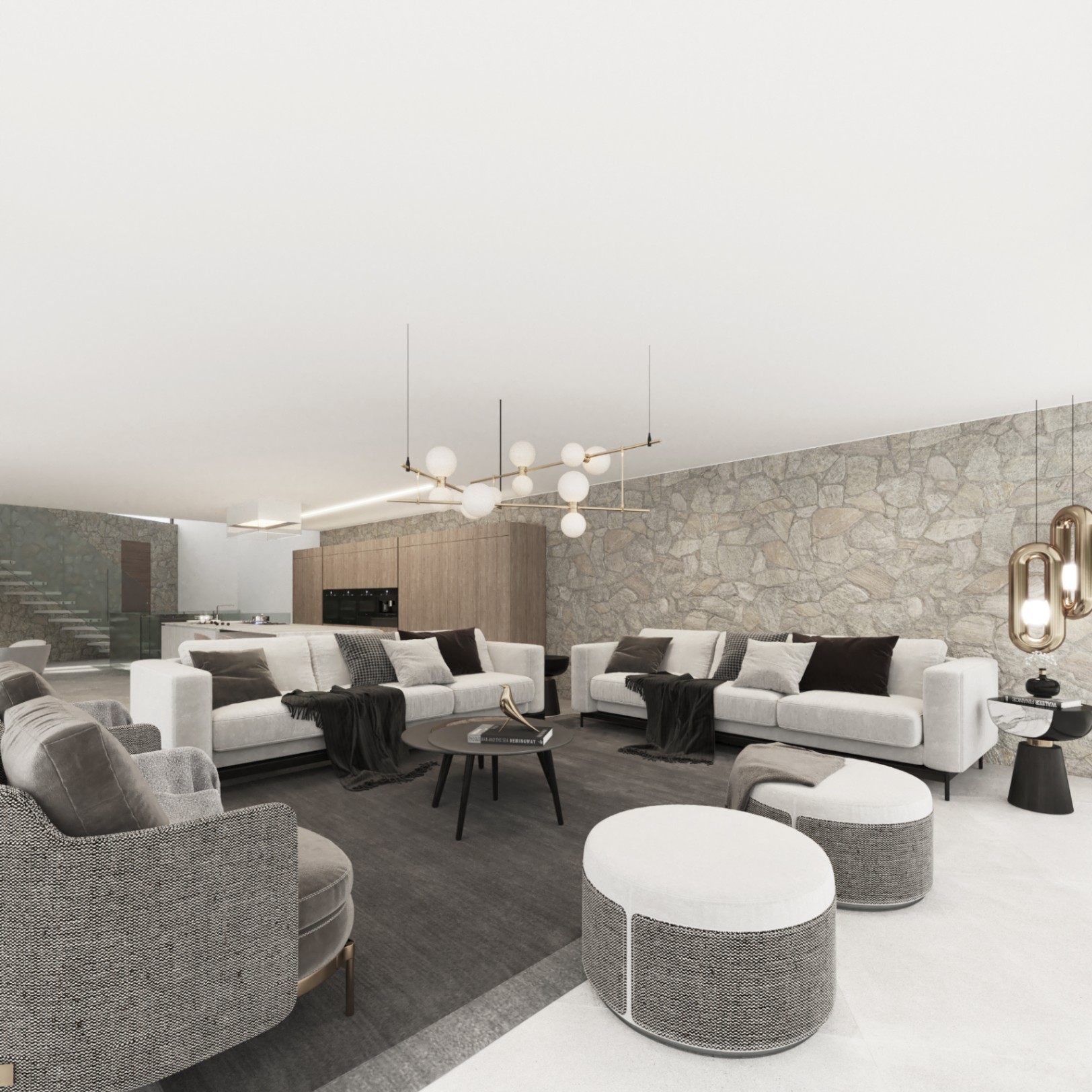 Salón de concepto abierto con pared de piedra natural, sofás de diseño y una cocina integrada con acabados en madera y electrodomésticos de alta gama.
