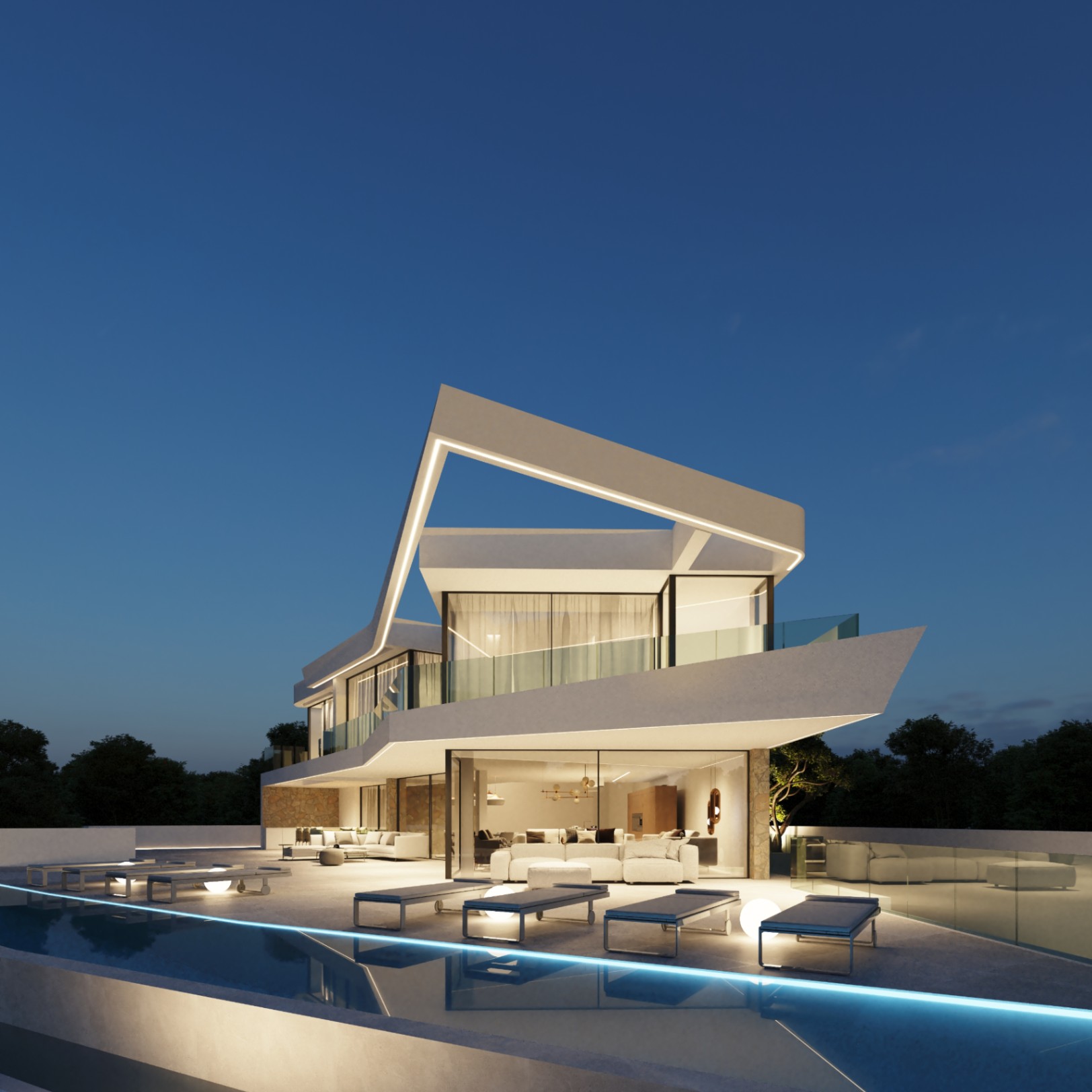 Vista nocturna de la fachada geométrica con iluminación LED integrada, destacando la piscina infinita y la terraza con mobiliario de diseño frente al salón acristalado.