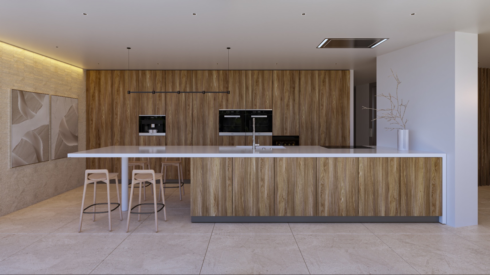 Cocina de diseño con isla central blanca y armarios de madera integrados. Incluye electrodomésticos de alta gama, iluminación LED indirecta y suelos de gres porcelánico.