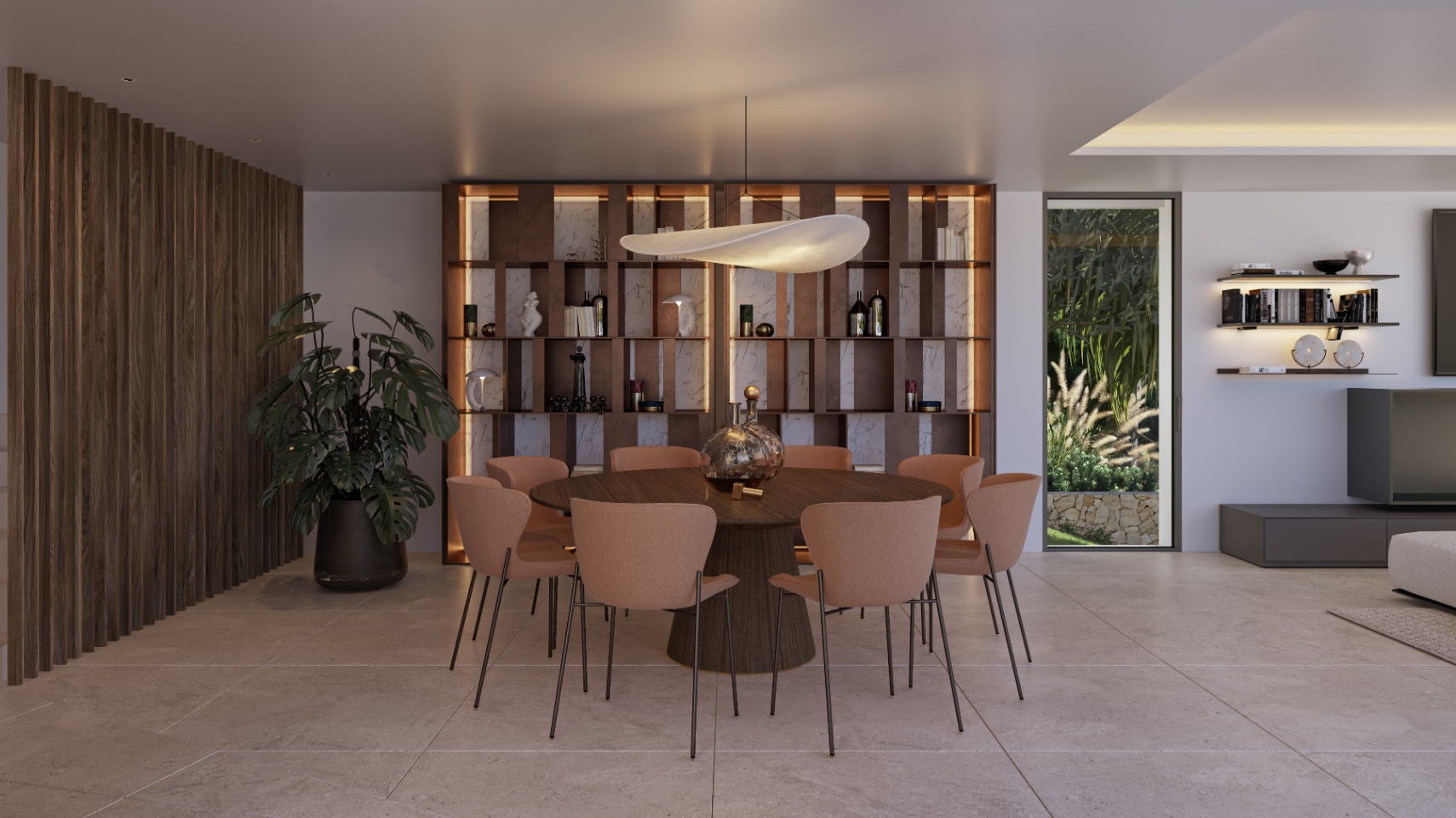 Comedor contemporáneo con mesa circular de madera, sillas en tono terracota y una estantería de diseño retroiluminada con acabados en mármol y madera natural.
