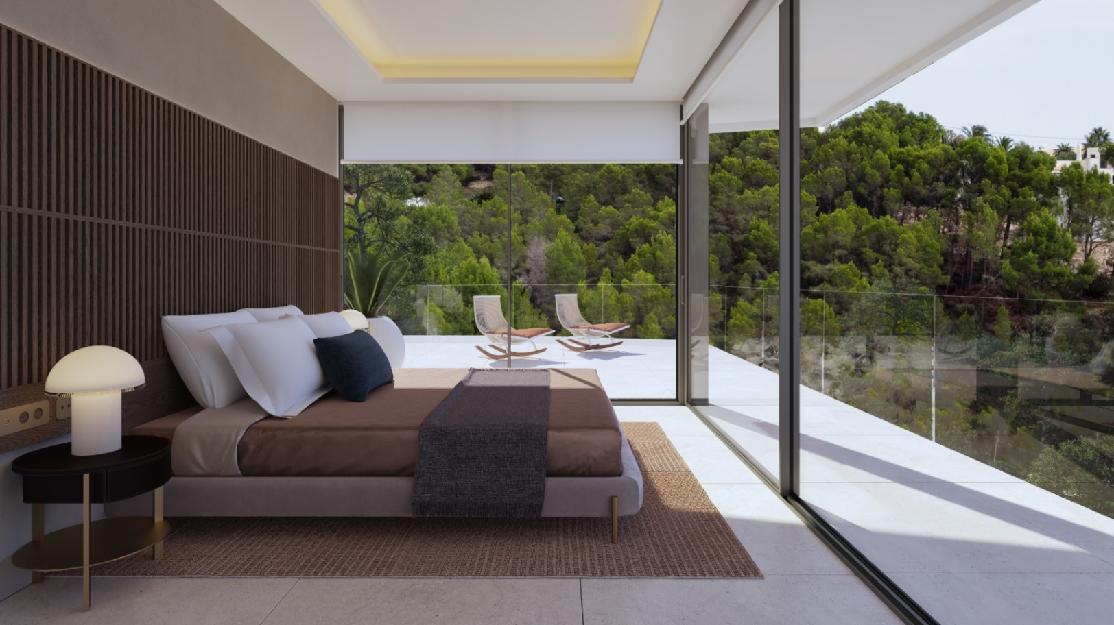 Dormitorio con paneles de madera, iluminación indirecta y acceso directo a una terraza privada con vistas al entorno natural de Altea Hills.