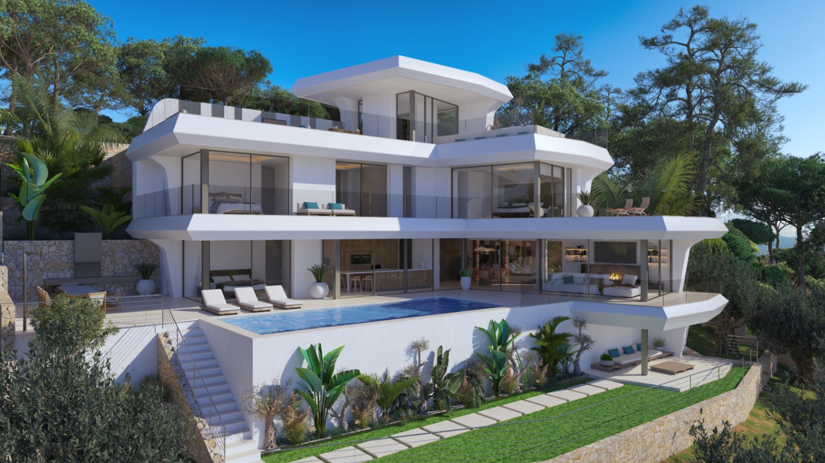 Fachada moderna de cuatro niveles con líneas blancas geométricas, amplios ventanales, piscina infinita y terrazas con barandillas de cristal integradas en el entorno natural.