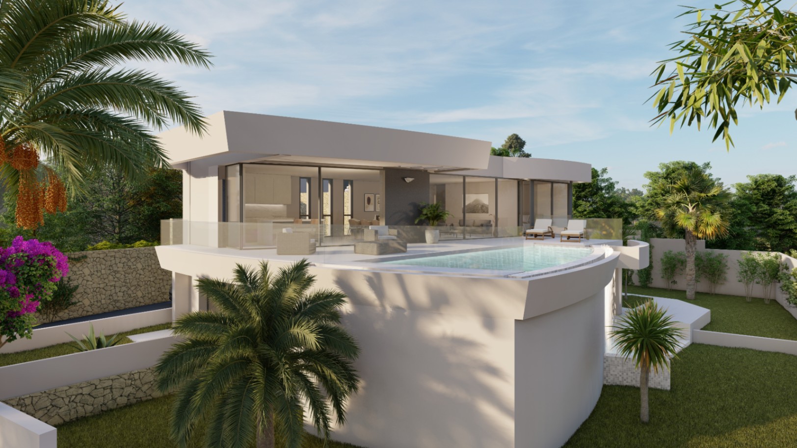 Exterior de la villa con piscina infinita curva, terraza principal con barandillas de cristal y jardines mediterráneos con palmeras y muros de piedra natural.