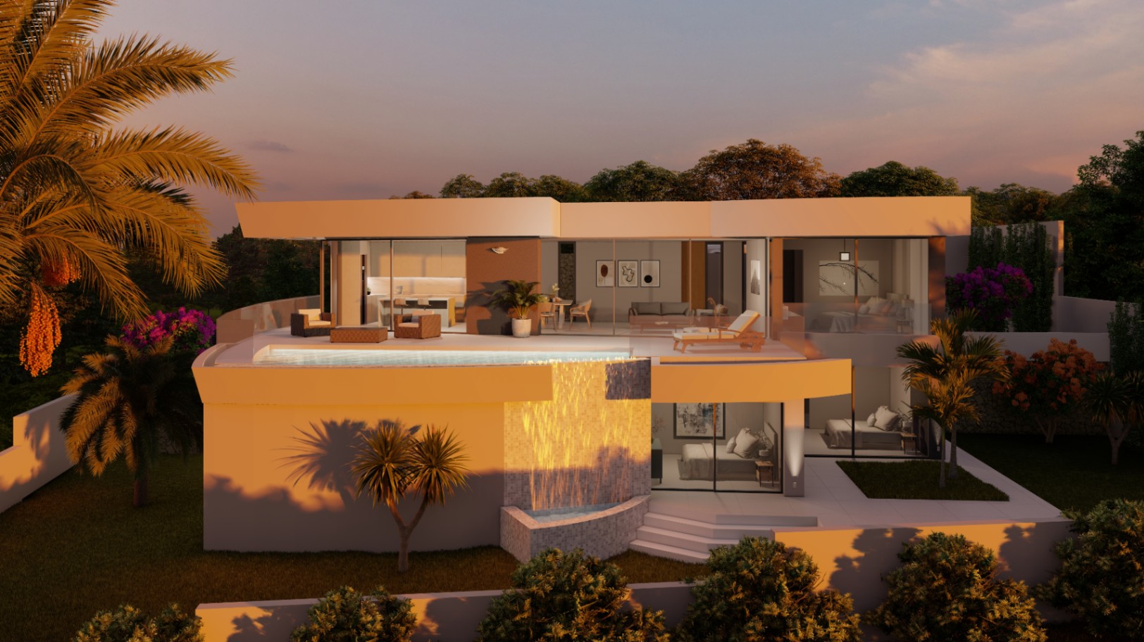 Fachada exterior de la villa moderna al atardecer, destacando la piscina infinita con cascada, amplios ventanales de cristal y terrazas con vistas al entorno ajardinado.