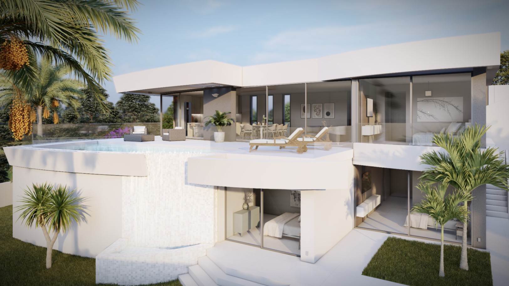 Fachada moderna de dos niveles con piscina infinita y cascada frontal. Amplios ventanales de suelo a techo integran los interiores con las terrazas y zonas ajardinadas.