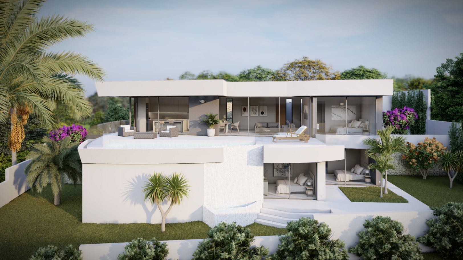 Vista exterior de la villa moderna con fachada blanca, piscina infinita en la planta superior y ventanales de suelo a techo que conectan los interiores con el jardín.