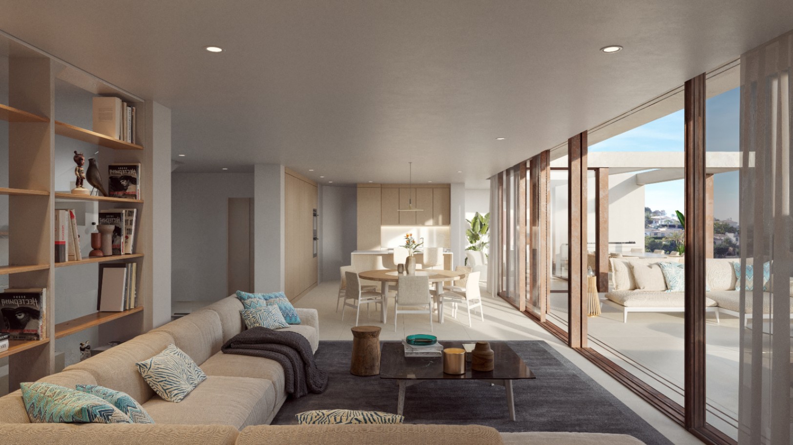 Salón-comedor diáfano con grandes ventanales de madera que conectan con la terraza. Incluye cocina integrada, estantería de obra y suelos de tono neutro.