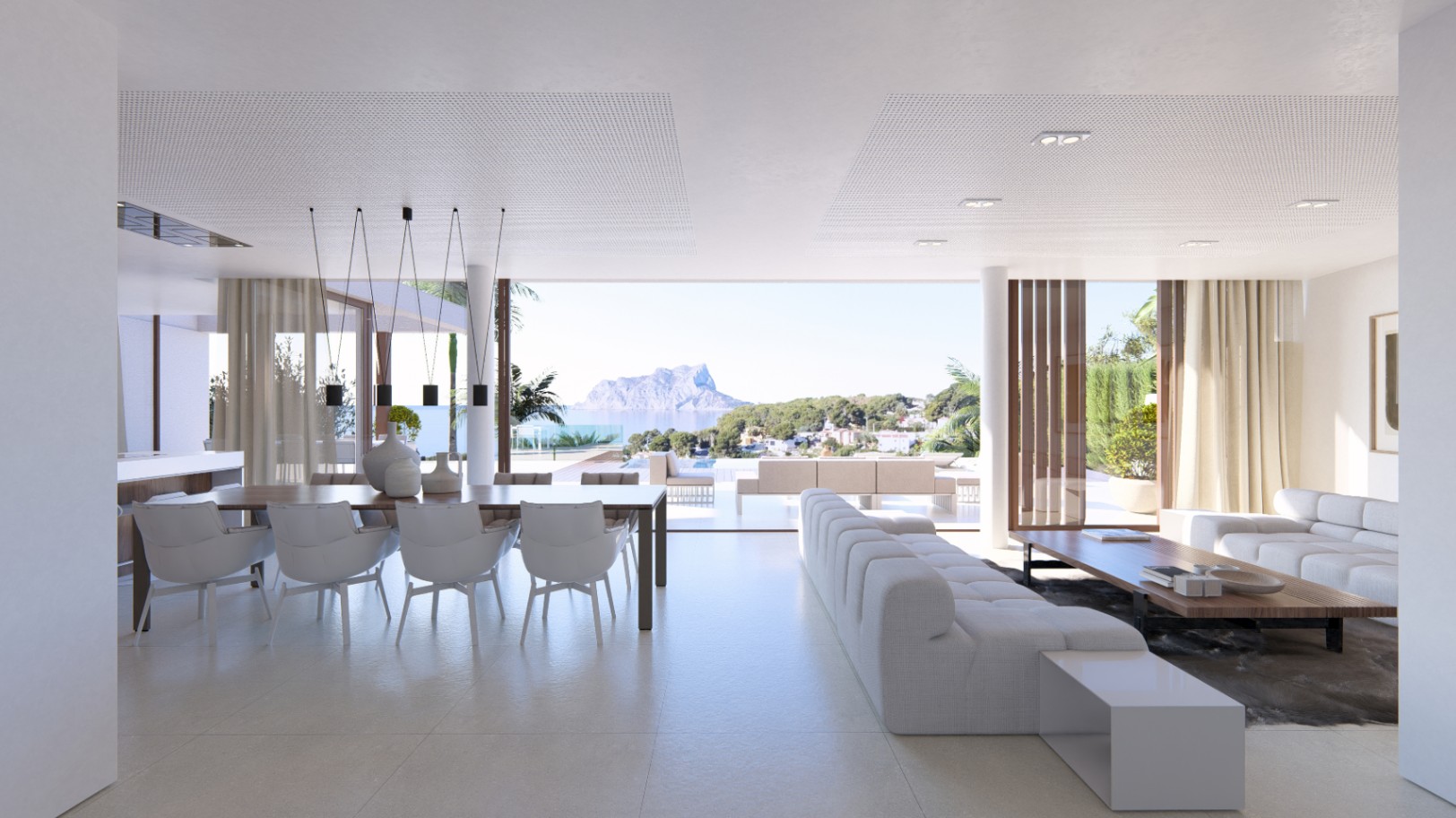 Espacioso salón-comedor con vistas panorámicas al mar y diseño moderno en tonos neutros.