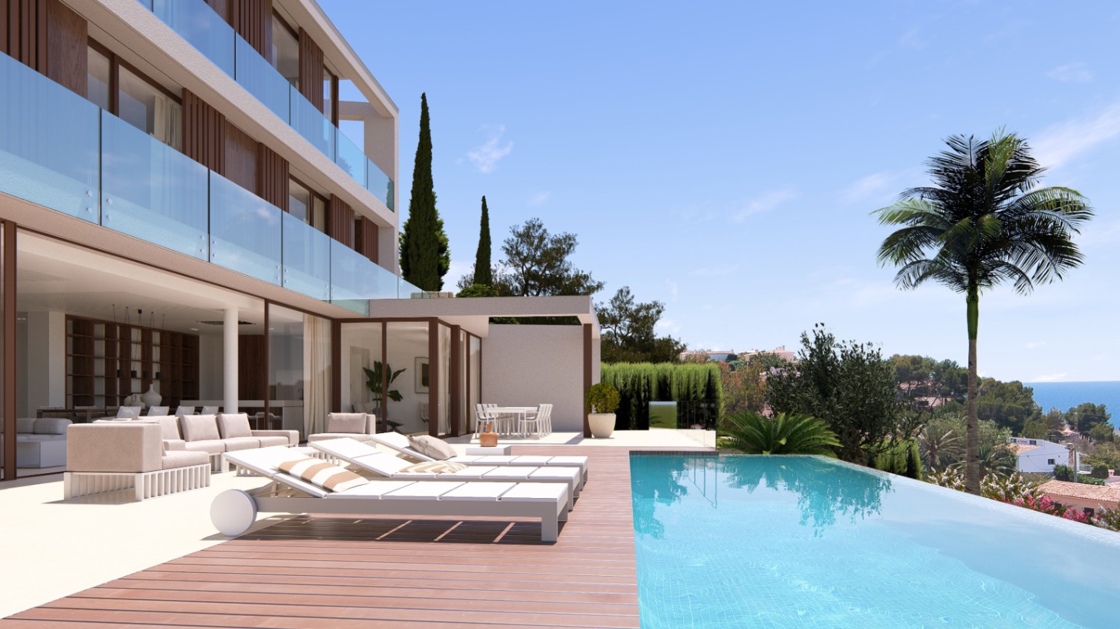 Vista de la piscina infinita con borde de madera y tumbonas, con vistas al mar y vegetación exuberante.