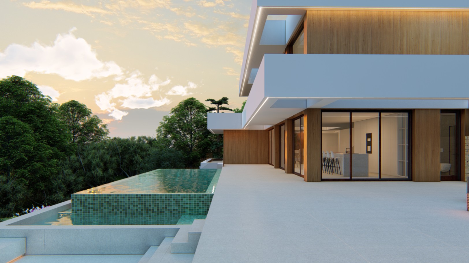 Fachada moderna con revestimiento de madera e iluminación LED integrada, junto a una piscina desbordante de gresite verde y una amplia terraza de gres porcelánico.