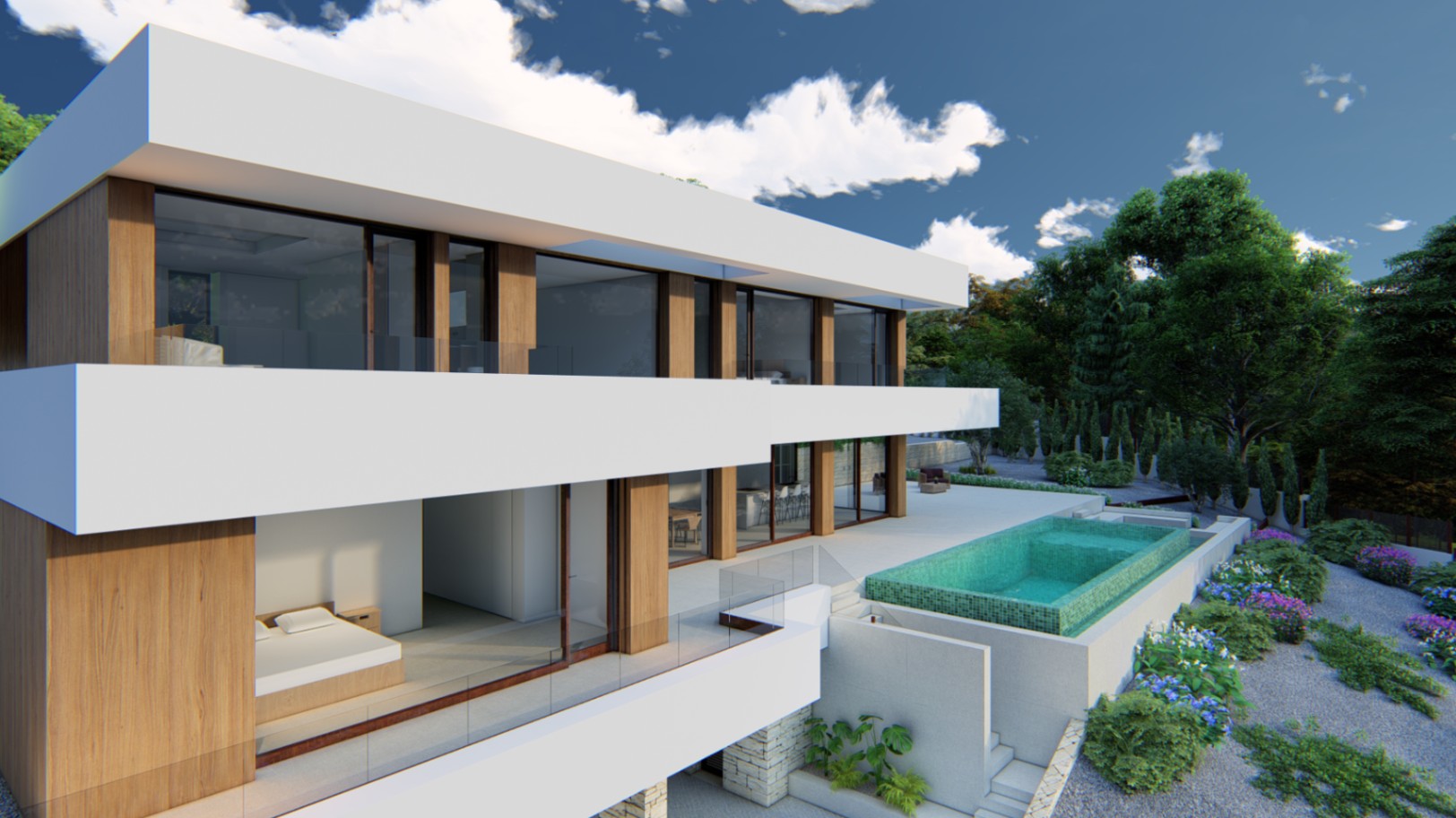 Fachada moderna de tres niveles con voladizos blancos, revestimiento de madera y una piscina infinita de mosaico turquesa integrada en la terraza principal.