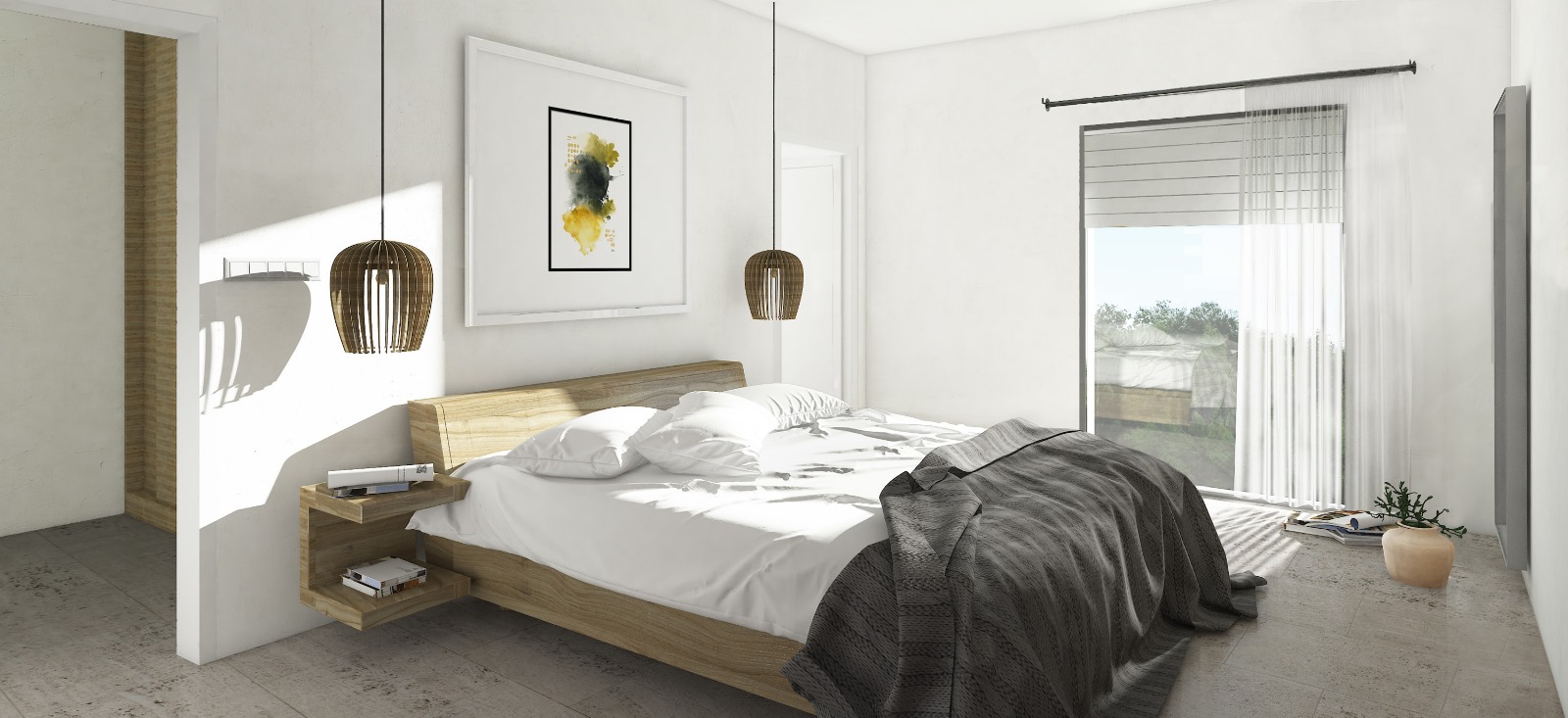 Dormitorio moderno con cama de madera, mesitas flotantes integradas y lámparas colgantes de diseño. Amplio ventanal con acceso al exterior y suelos de piedra natural.