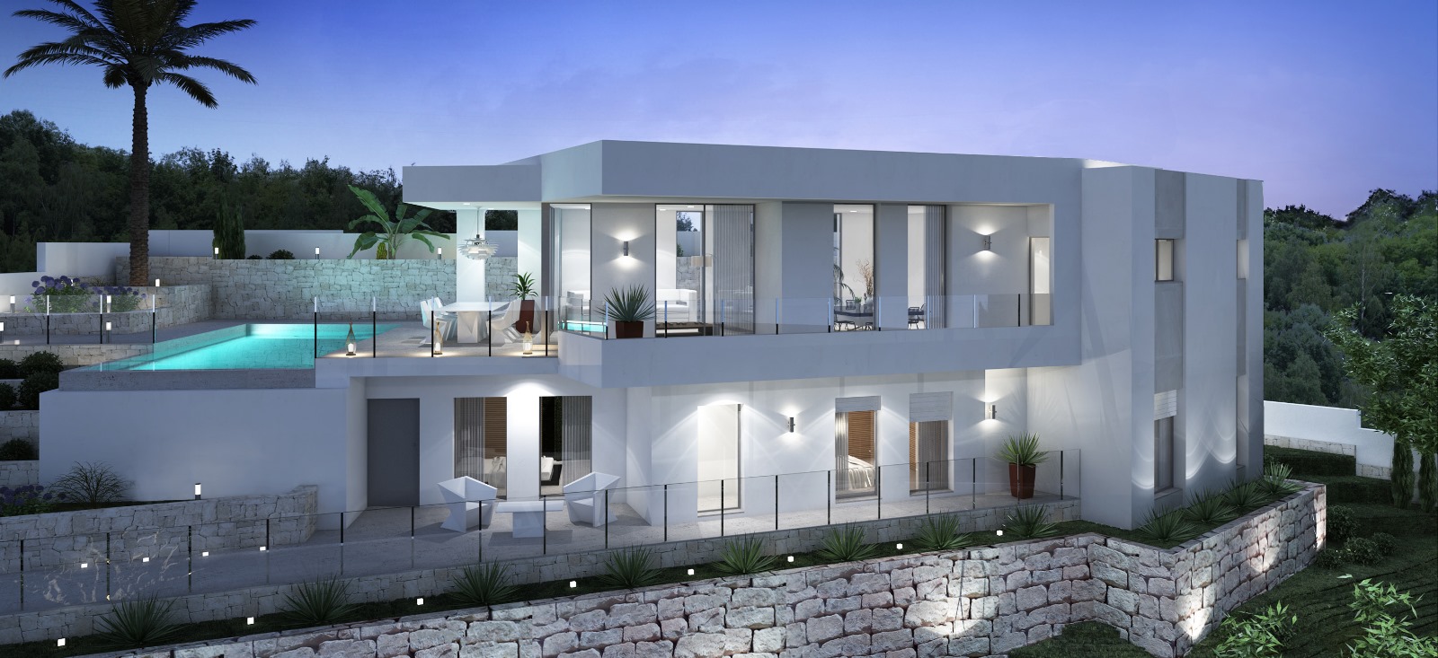 Vista exterior nocturna de la villa moderna con fachada blanca, muros de piedra natural, piscina infinita iluminada y amplias terrazas con barandillas de cristal.